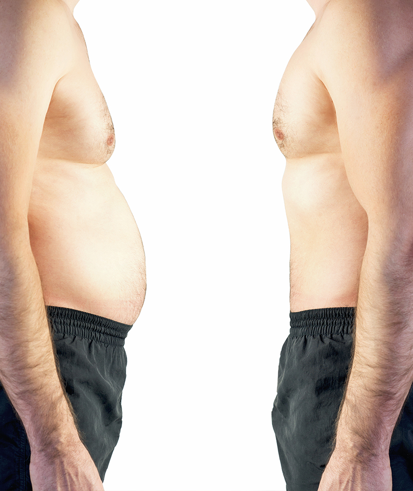 Photo of a man's body with stubborn fat across from a man's body without stubborn fat